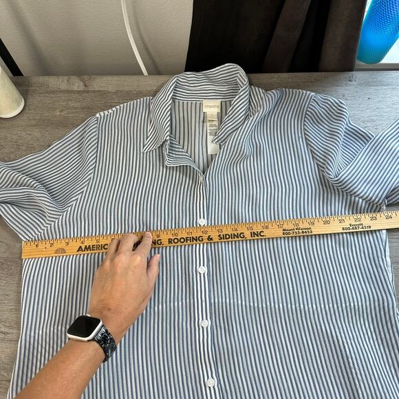 Chico's Sheer 3/4 Sleeve Striped Blouse Peplum Back Hem 3 XL - Picture 7 of 9